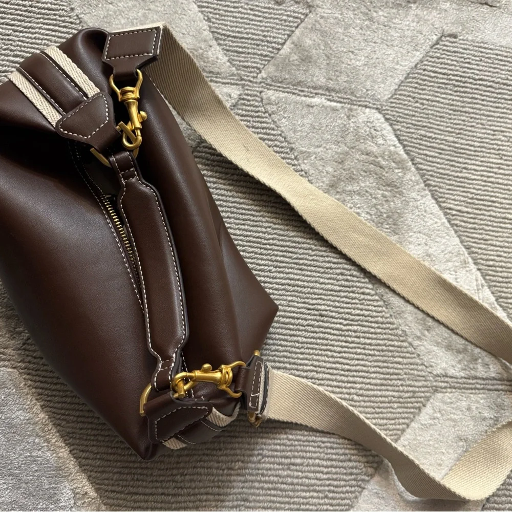 Elegant Brown Leather Handbag - Zara side stripe bag , cross body or clutch - Picture 7 of 14